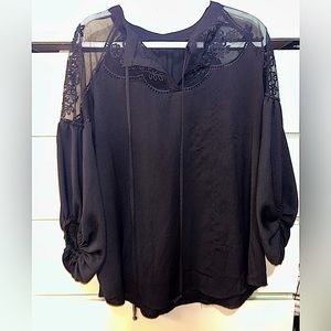 Black Balloon Sleeve Top with Sheer Design